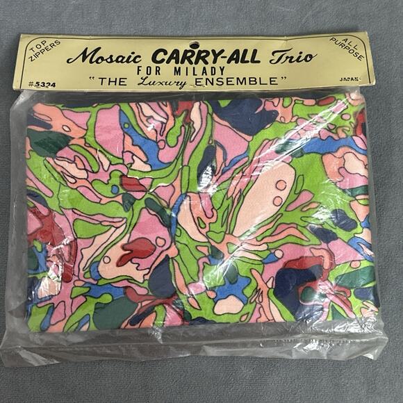 Vintage Zipper Pouches Set of 3 Mid Century Modern Mod Mosaic Carry All Trio - Picture 5 of 6